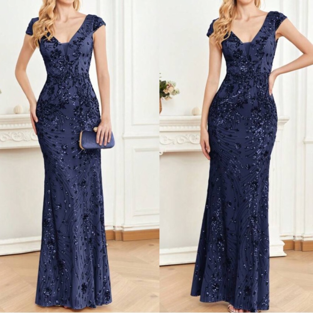 Luxe V neck sequin formal evening party dress